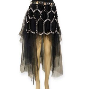 Black Leather Harness Waist Wide Skirt Chain Belt - NEW